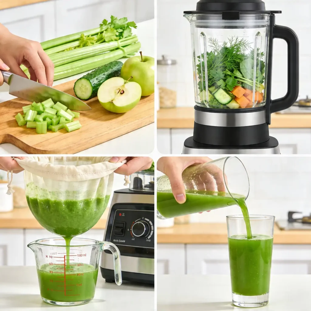 Step-by-step collage showing how to make a savory green detox drink at home
