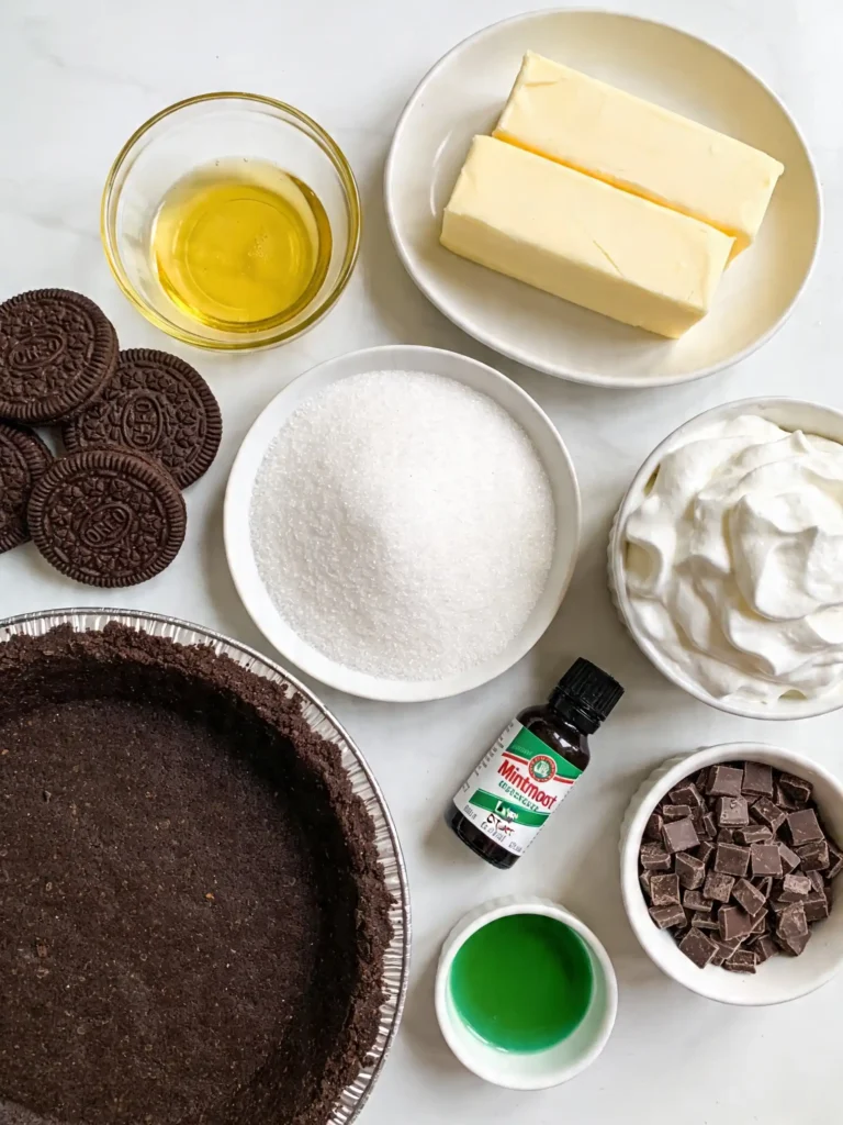 Ingredients for No Bake Mint Chocolate Pie on a kitchen counter