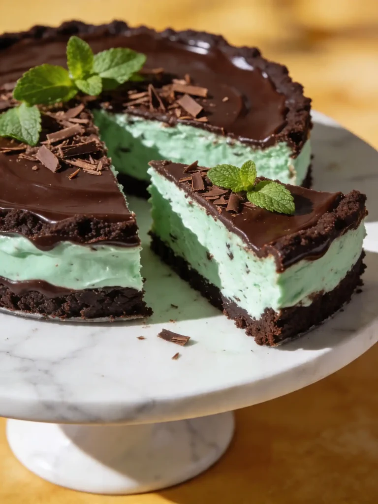 No Bake Mint Chocolate Pie ready to serve on a dessert table