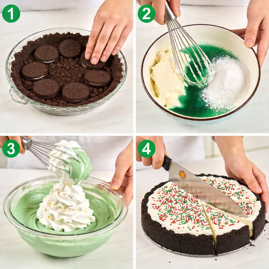 Step-by-step collage showing how to make a creamy peppermint chocolate dessert