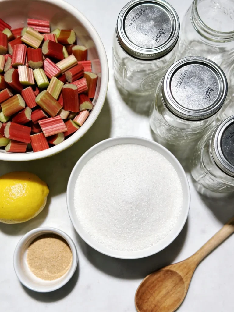 Ingredients for Old Fashioned Rhubarb Jelly on a kitchen counter