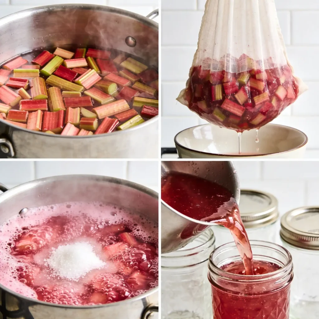 Step-by-step collage showing how to make clear rhubarb jelly
