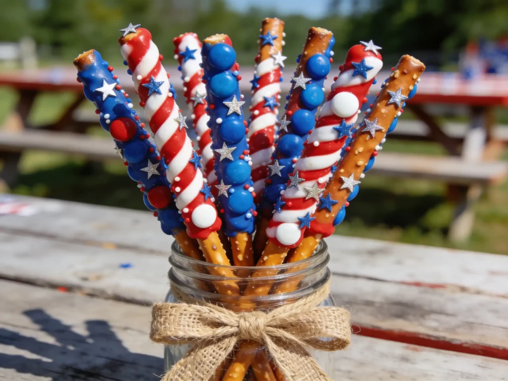 Patriotic Pretzel Rods in a mason jar for a 4th of July dessert table
