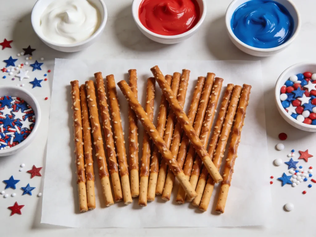 Ingredients for Patriotic Pretzel Rods before dipping