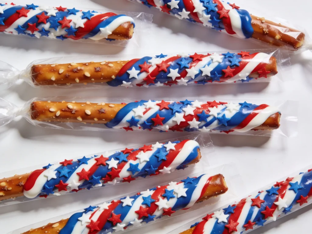 Patriotic Pretzel Rods with festive drizzle