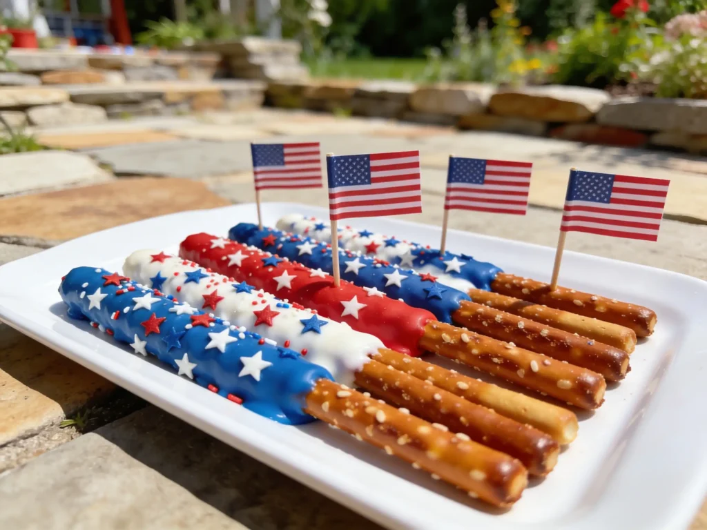 Patriotic Pretzel Rods served on a platter for a holiday cookout