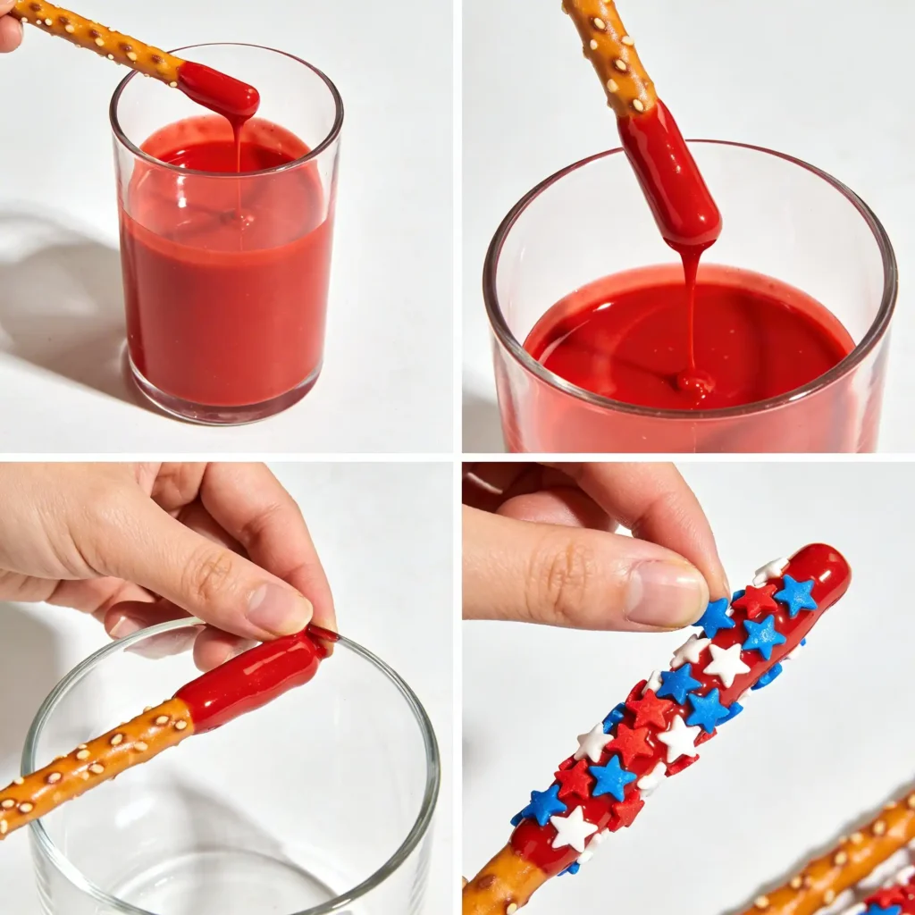 Step-by-step collage showing how to make Patriotic Pretzel Rods for the 4th of July