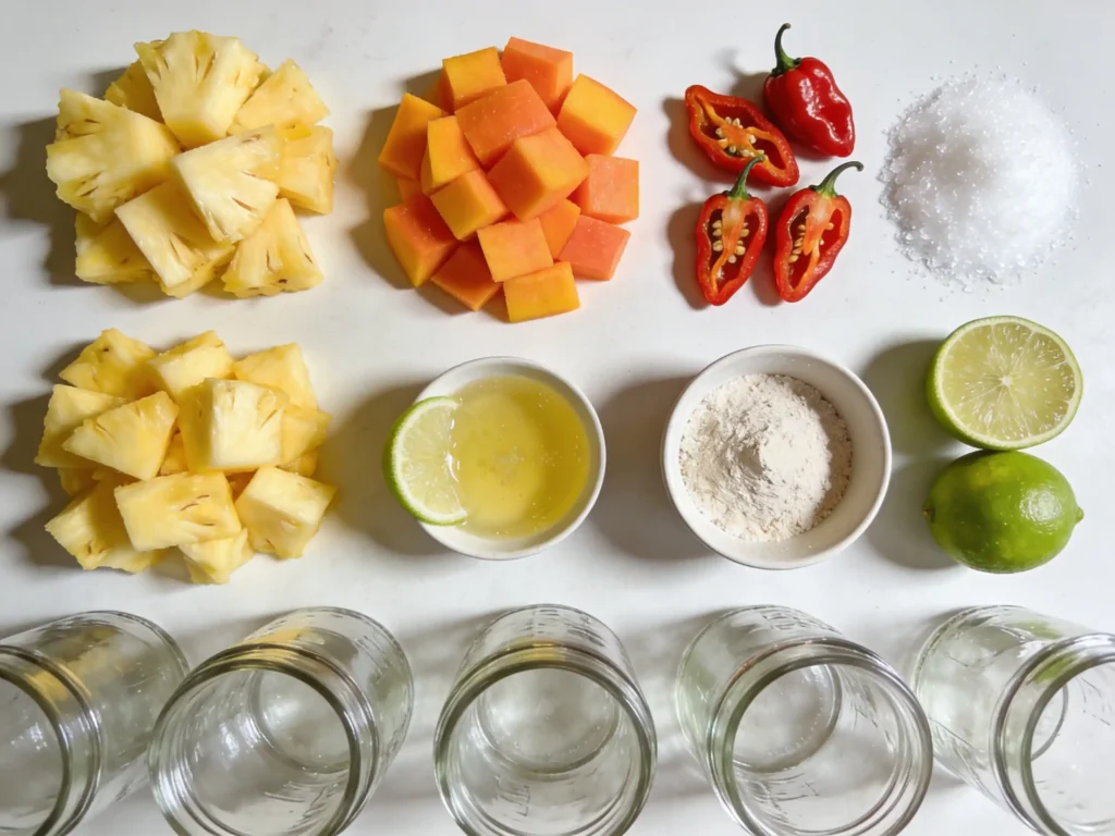 Ingredients for Pineapple Mango Habanero Jam on a kitchen counter