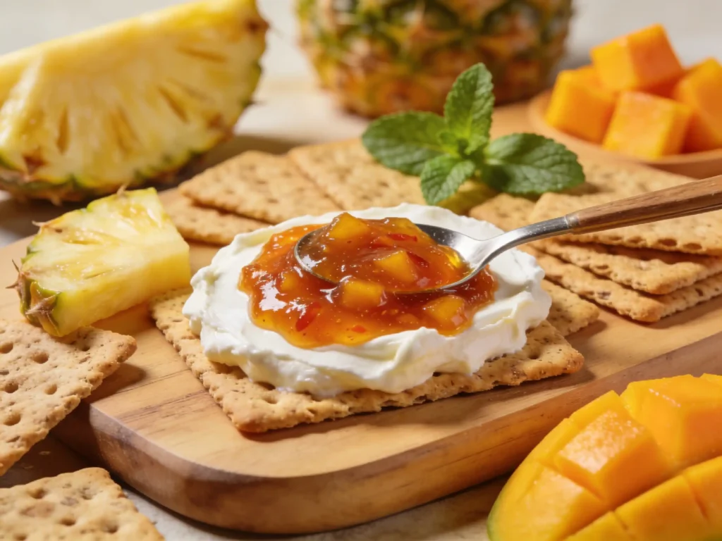 Pineapple Mango Habanero Jam served over cream cheese with crackers