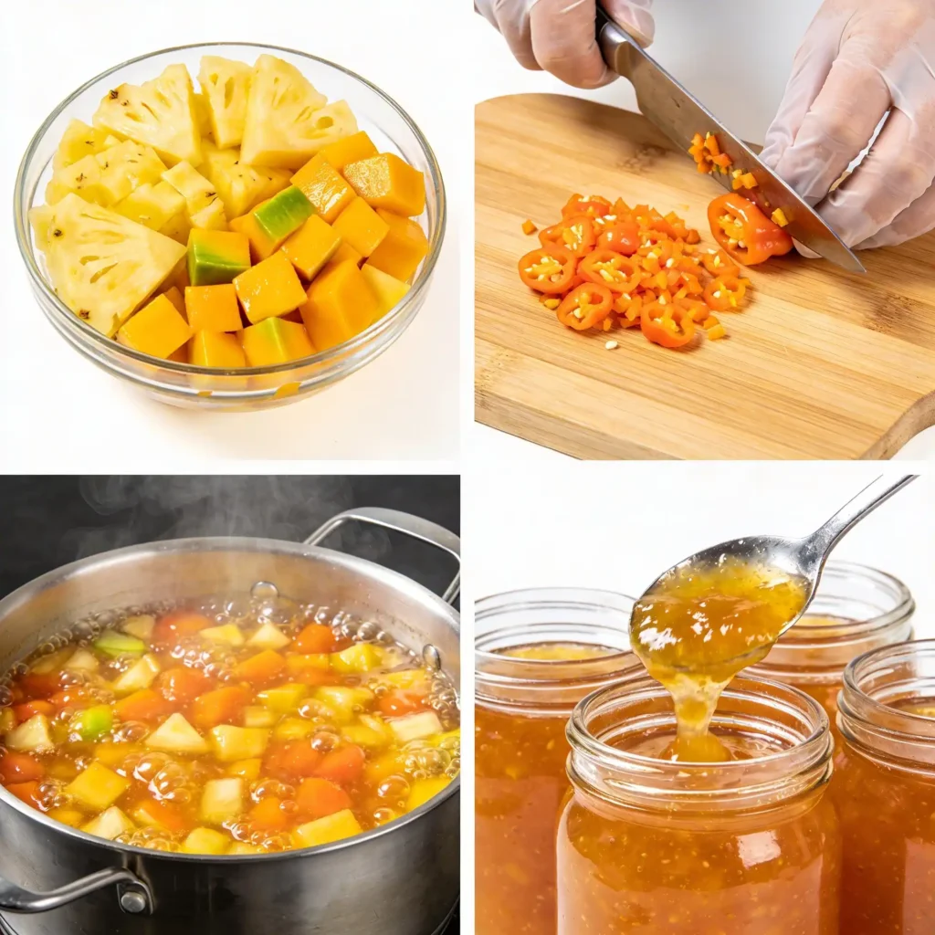 Step-by-step collage showing how to make a spicy tropical pepper spread
