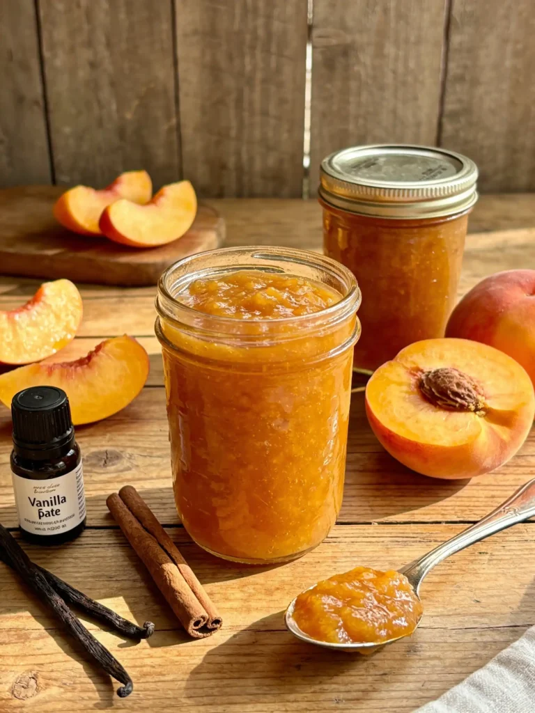 slow cooker peach butter in jars with fresh peaches