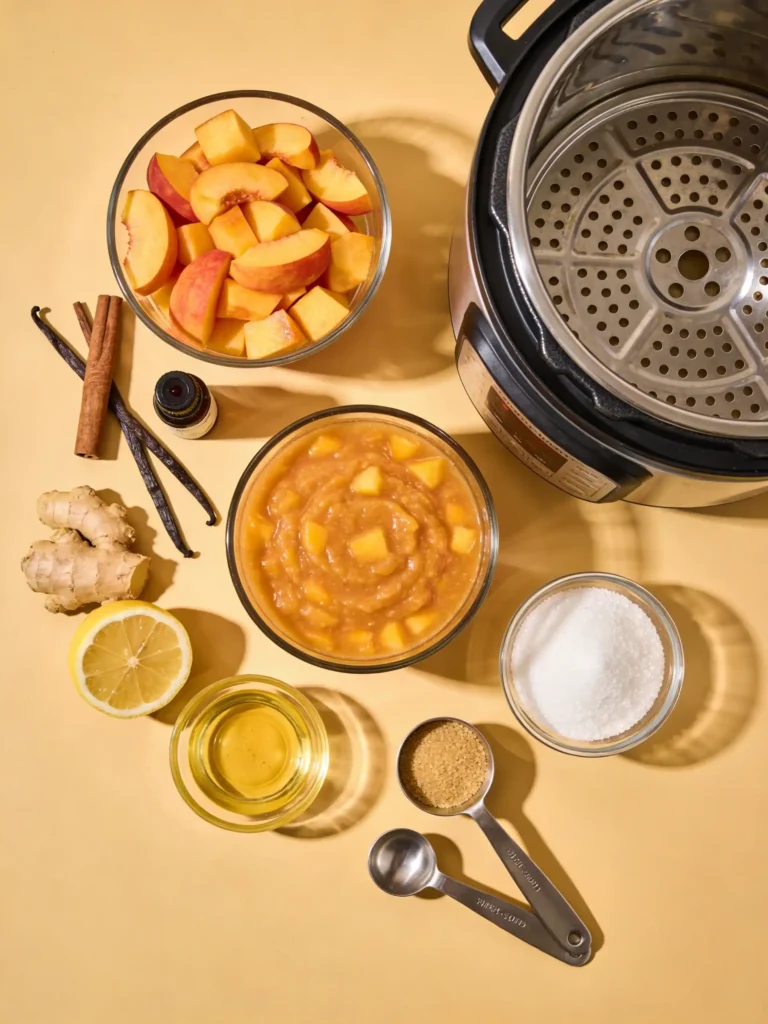slow cooker peach butter ingredients with peaches cinnamon and vanilla