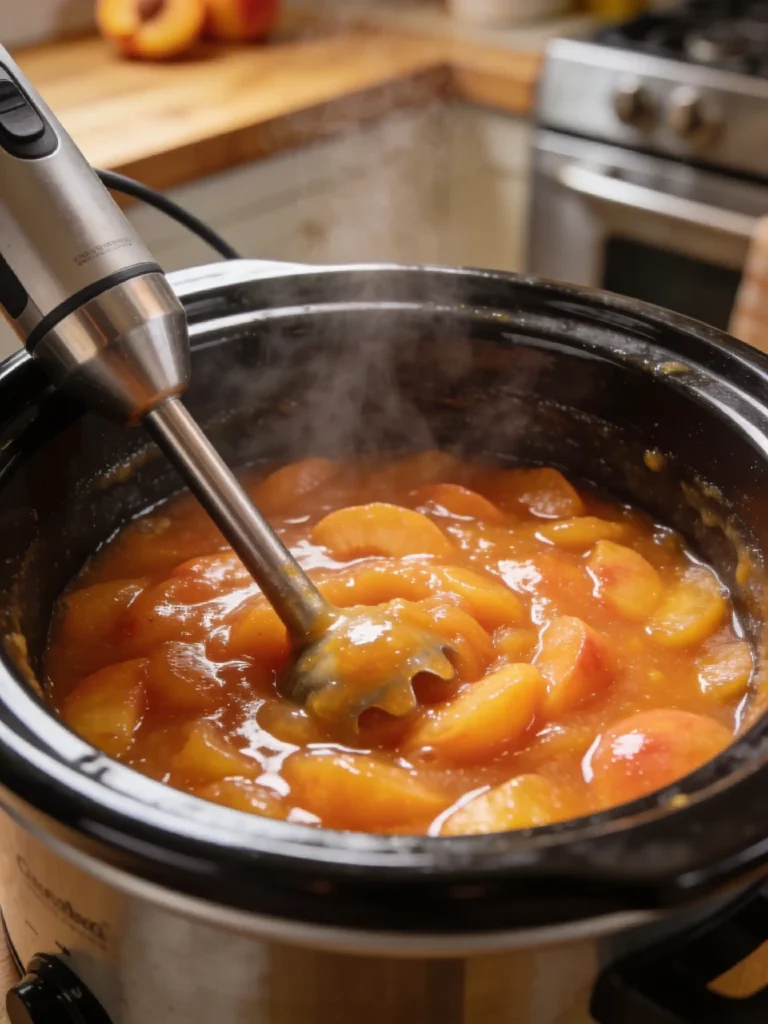 slow cooker peach butter reducing in slow cooker
