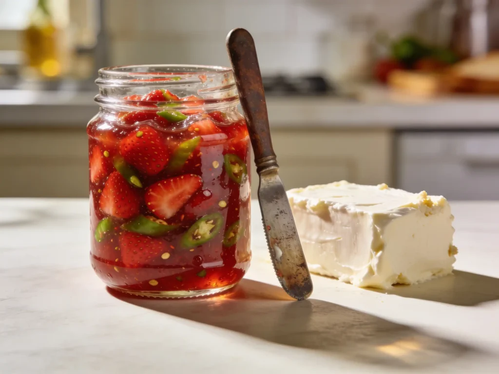 Strawberry jalapeño jam recipe in a mason jar beside cream cheese