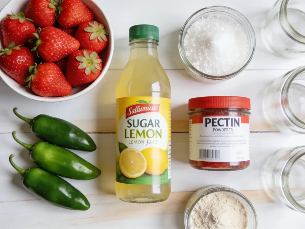 Ingredients for Strawberry Jalapeño Jam Recipe on a kitchen counter