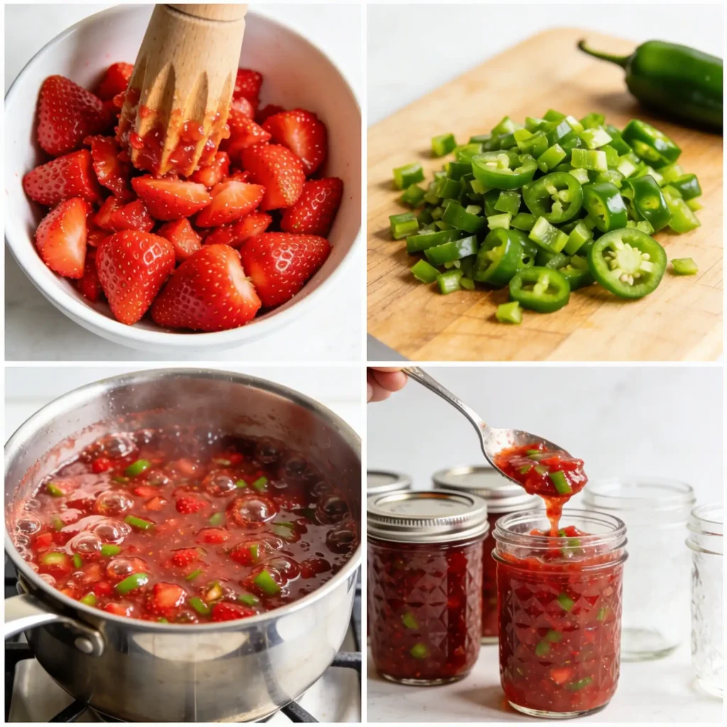 Step-by-step collage showing how to make a strawberry jalapeño jam recipe