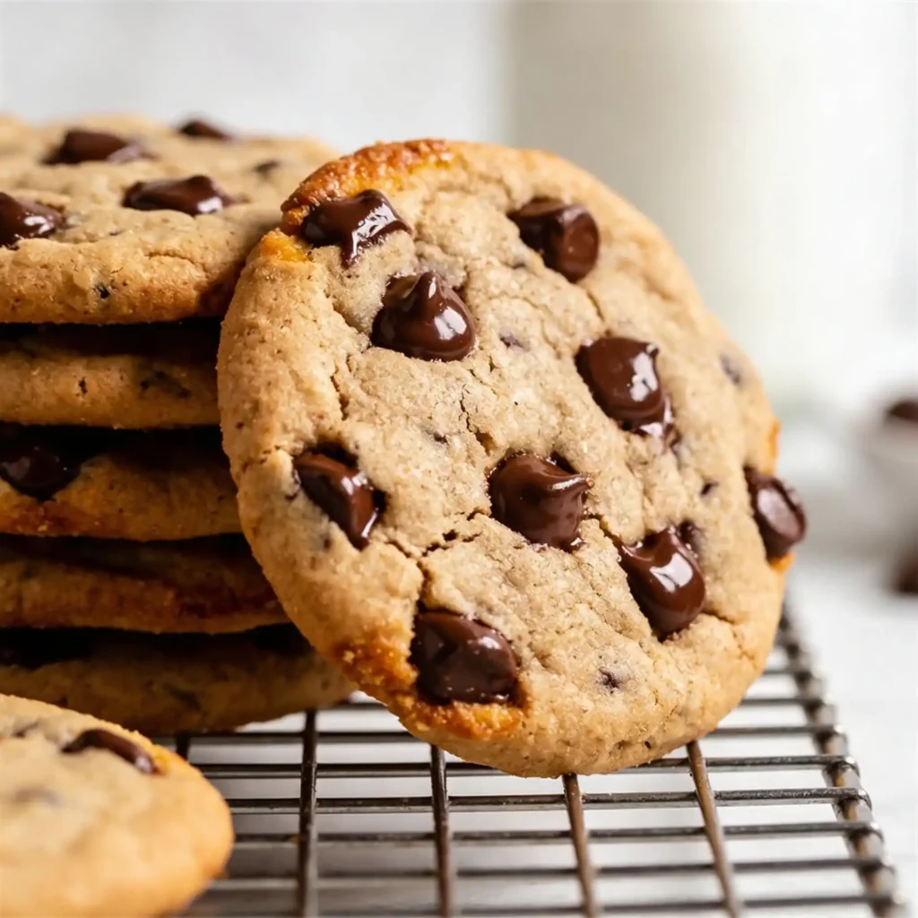 Sugar Free Chocolate Chip Cookies Recipe stacked on a cooling rack