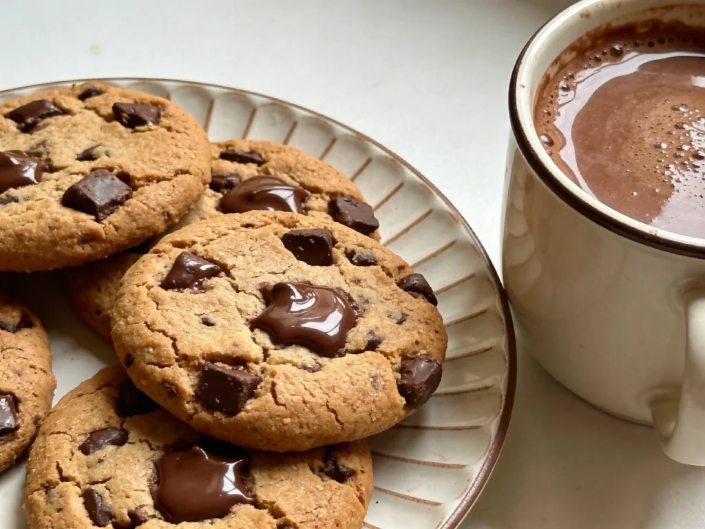 Sugar Free Chocolate Chip Cookies Recipe served with hot chocolate