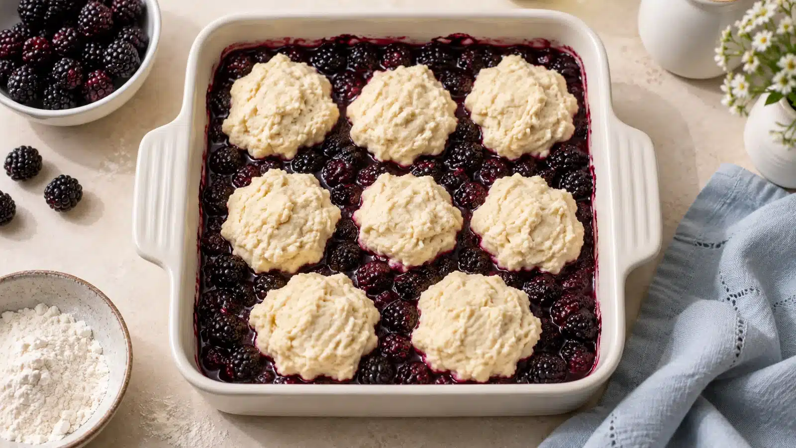 Eight unbaked biscuit mounds over blackberry filling in a square baking dish