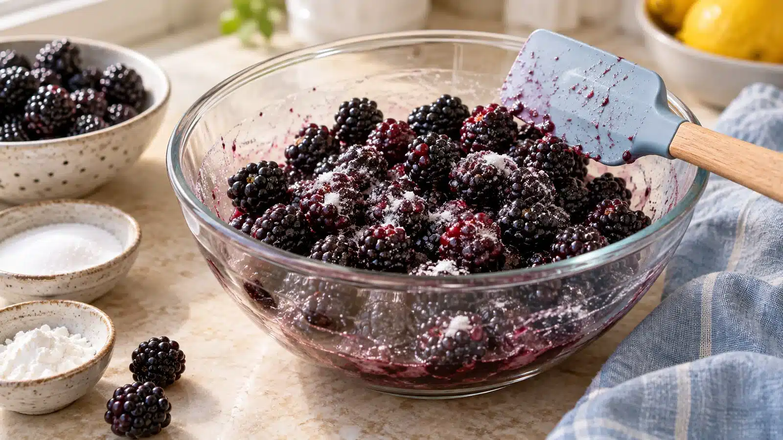 Whole blackberries mixed with sugar and cornstarch in a glass bowl