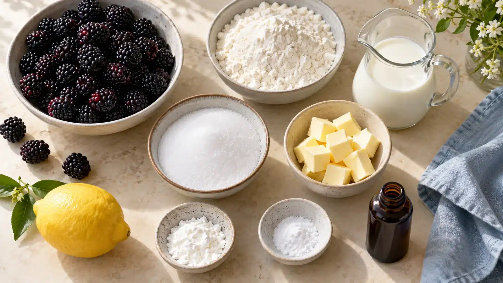 Blackberries, flour, sugar, butter, milk, lemon and other cobbler ingredients
