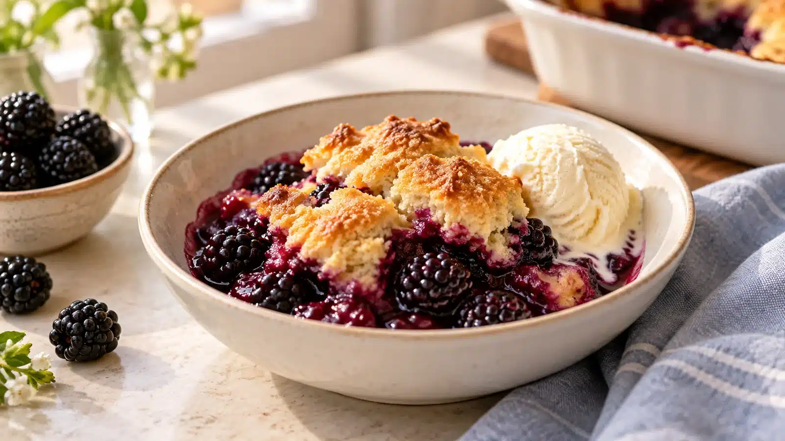Blackberry cobbler with golden biscuit topping and vanilla ice cream in a bowl