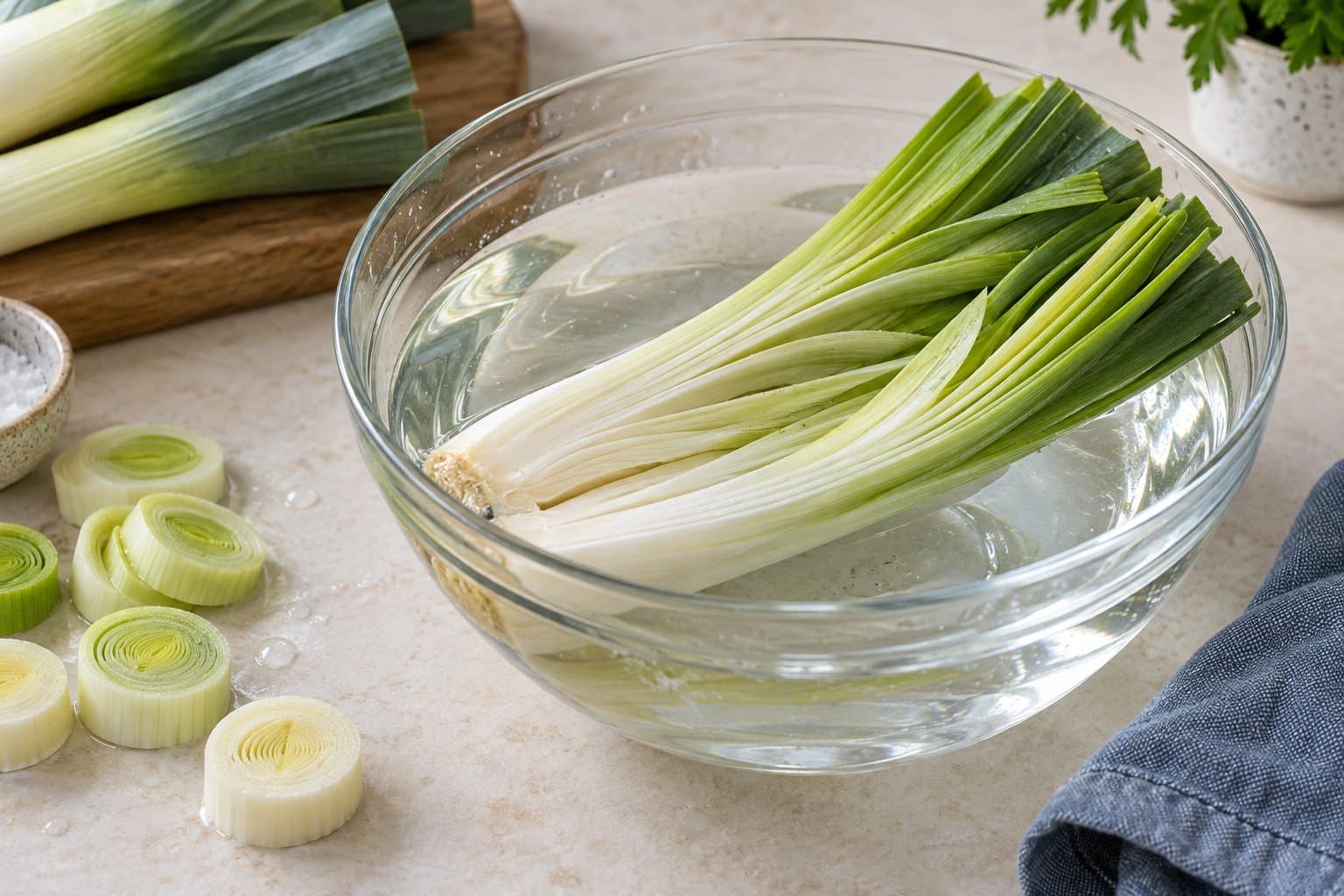 Split leek layers opened in water beside sliced leek rings