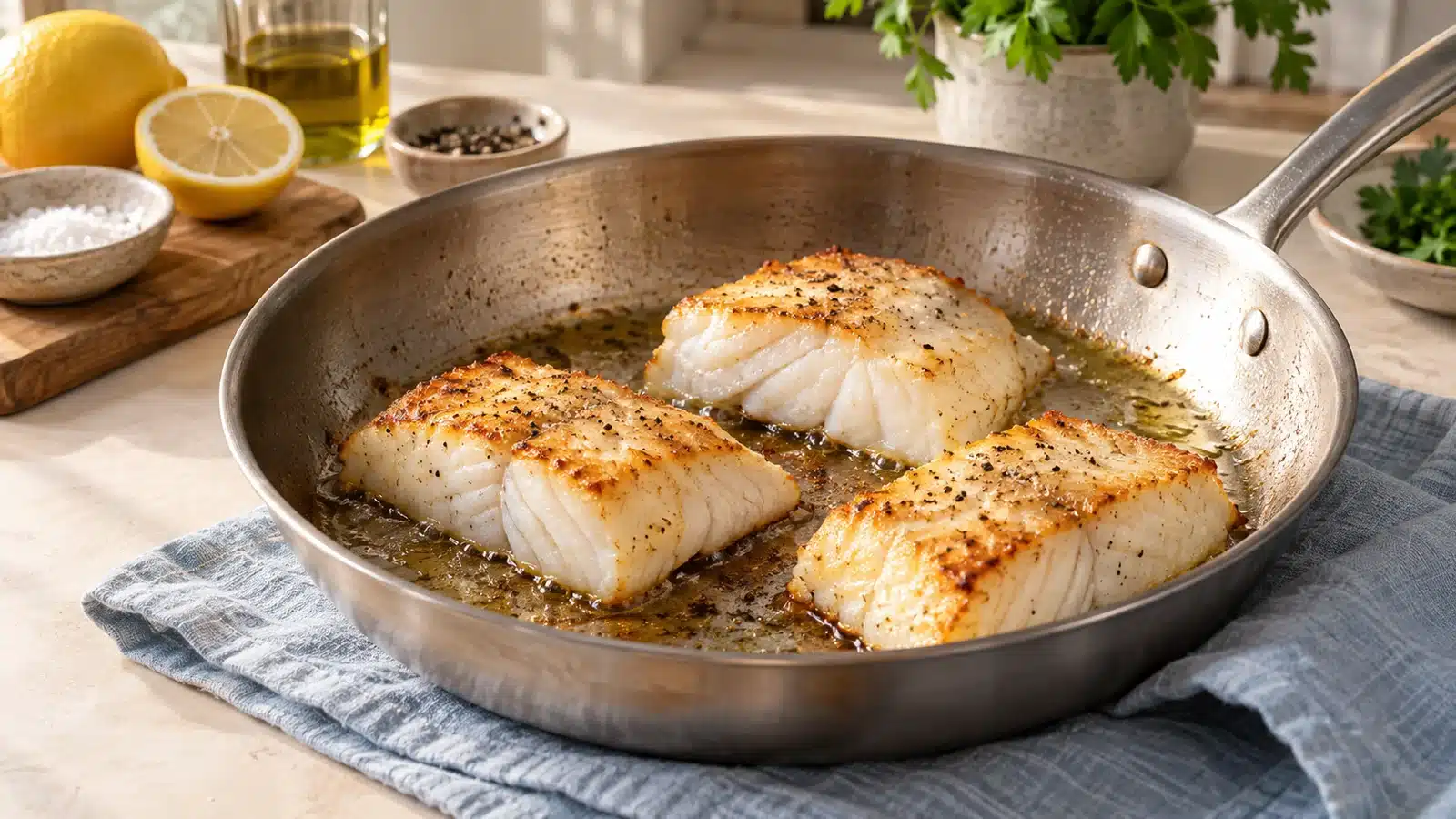 Golden cod portions cooking in a wide skillet