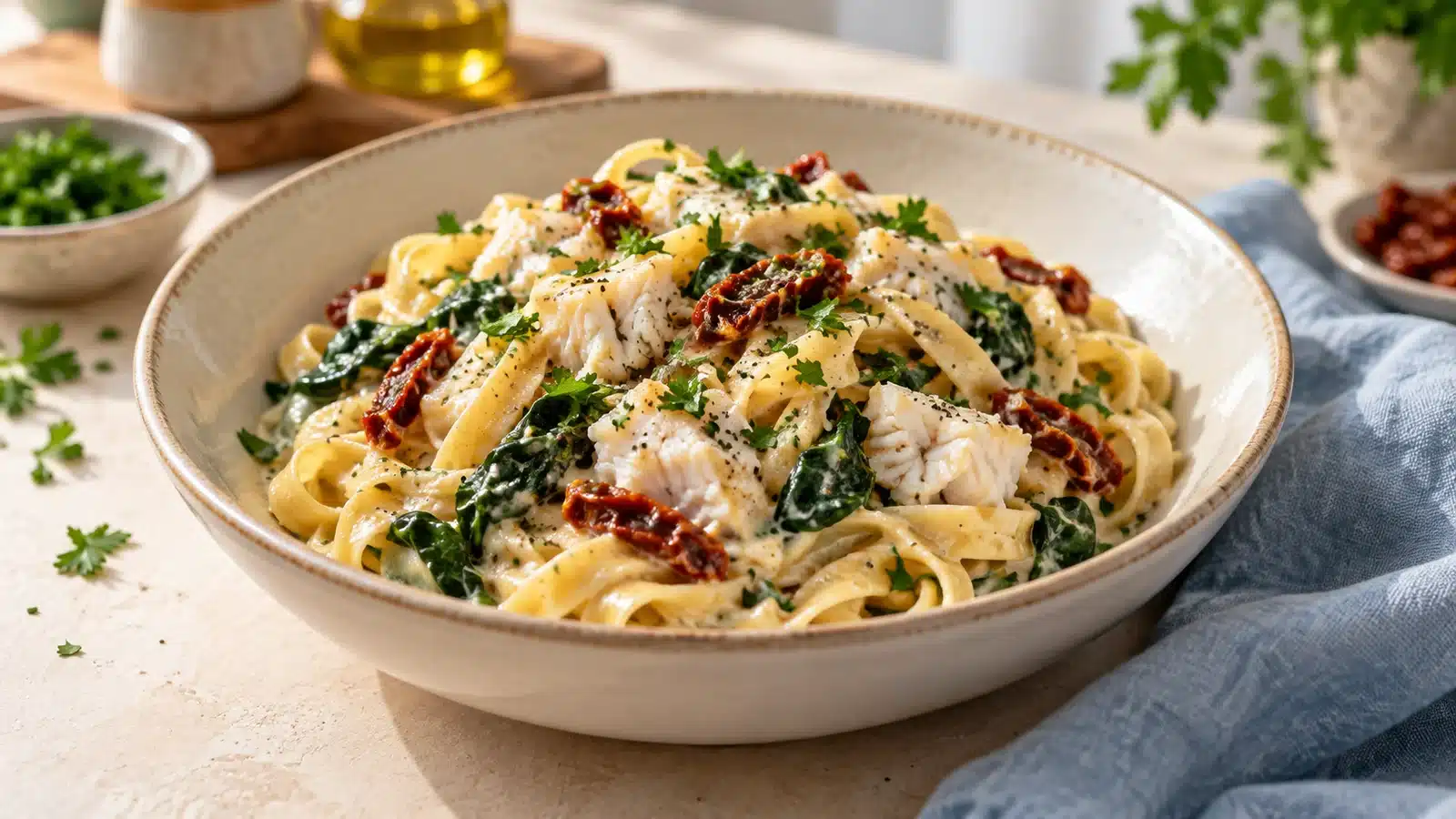 Creamy tagliatelle with cod flakes, spinach and sun-dried tomatoes