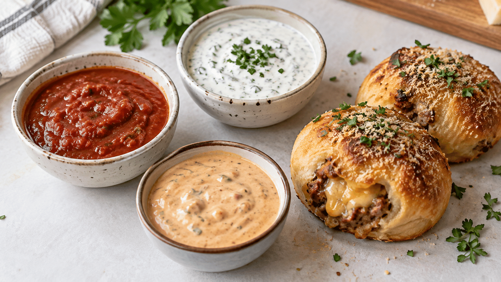 Marinara, herb dip and burger sauce served with garlic Parmesan cheeseburger bombs