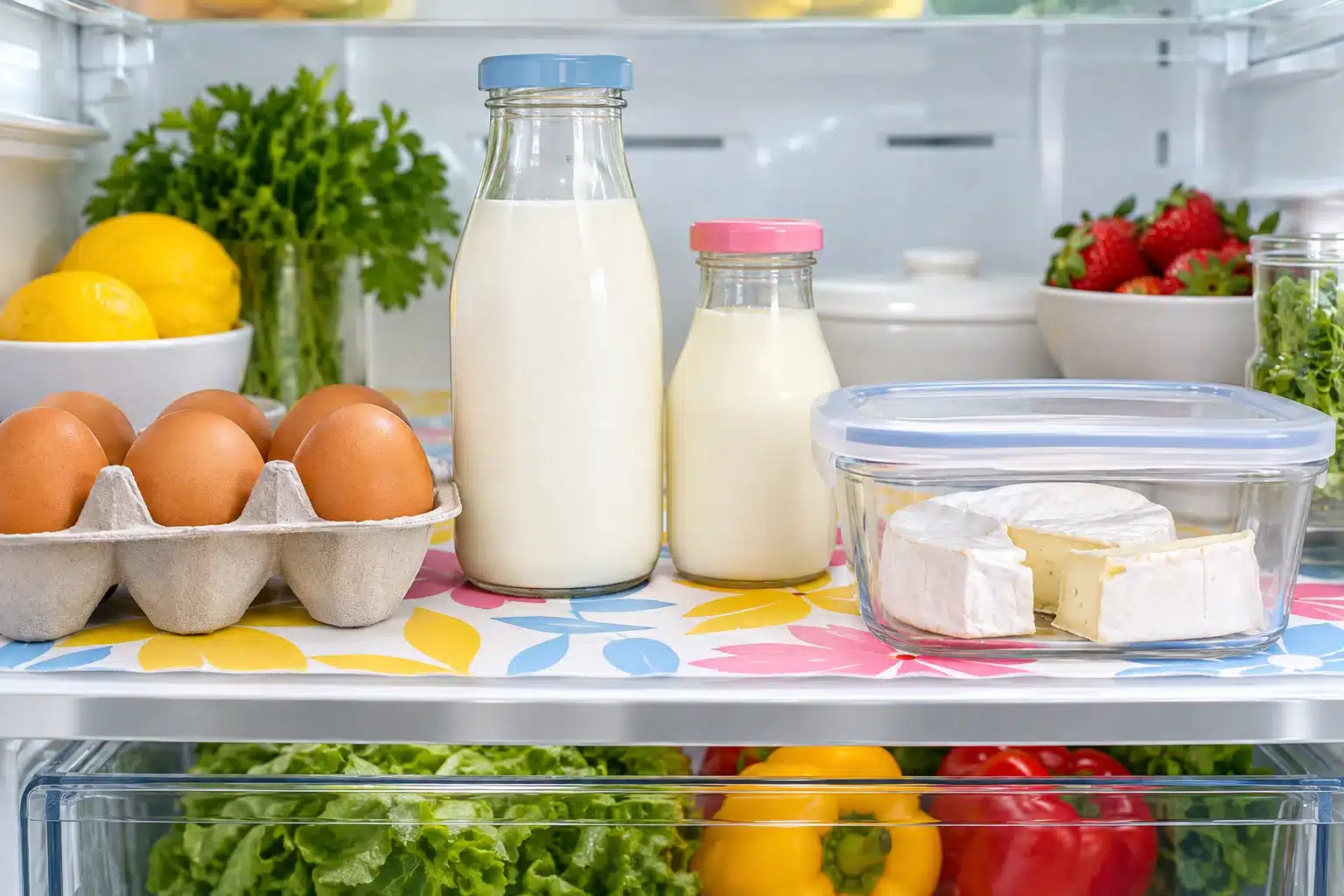 Eggs in their carton with milk, cream and soft cheese stored on a refrigerator shelf