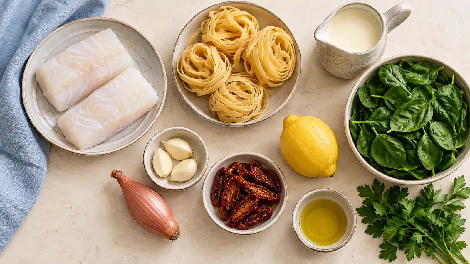 Cod, dried tagliatelle, garlic, cream, spinach, tomatoes, shallot and lemon