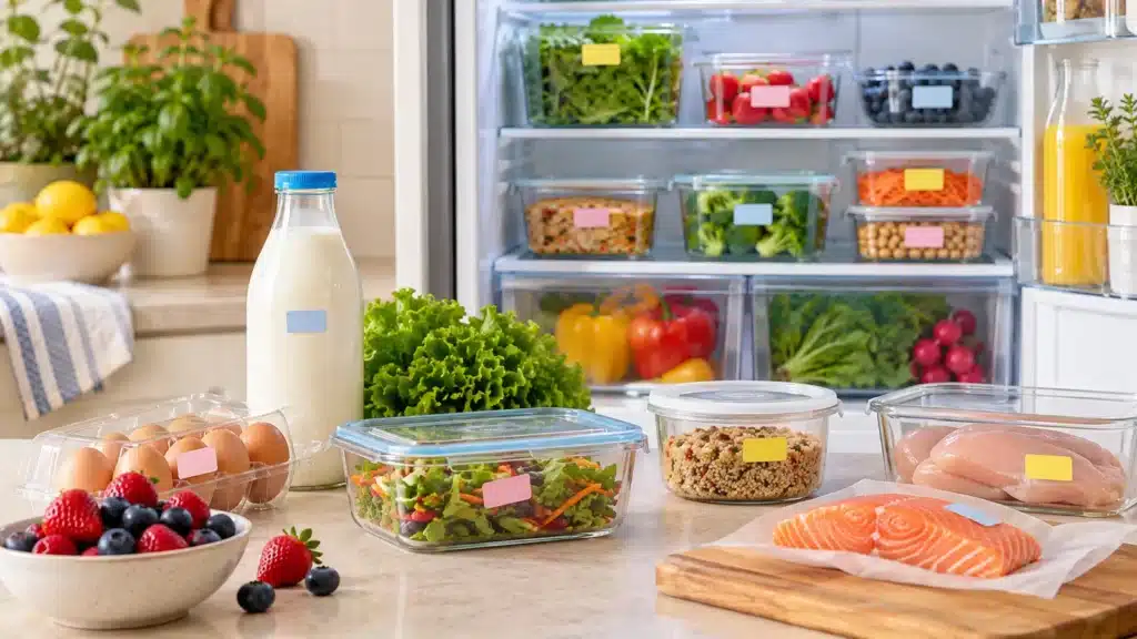 Organized refrigerator with eggs, milk, produce, leftovers, chicken and salmon stored safely