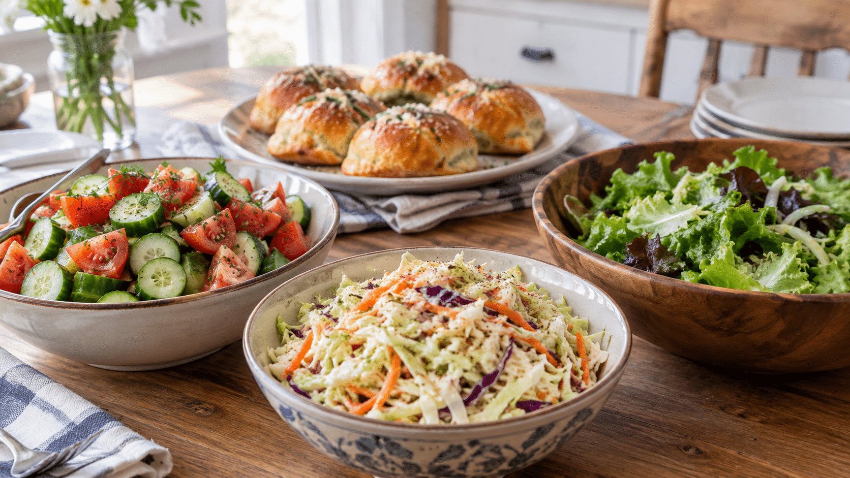 Cucumber tomato salad, cabbage slaw and mixed greens beside cheeseburger bombs
