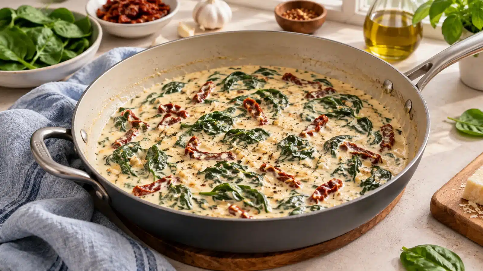 Garlic cream sauce with wilted spinach and sun-dried tomatoes in a skillet