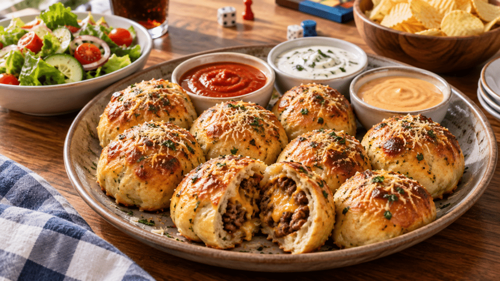 Garlic Parmesan cheeseburger bombs served on a party platter with fresh sides and dipping sauces