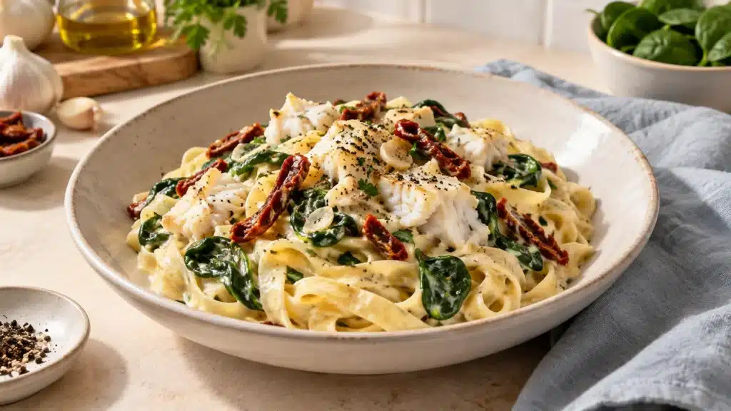 Garlic Tuscan Fish Tagliatelle with cod, spinach and sun-dried tomatoes