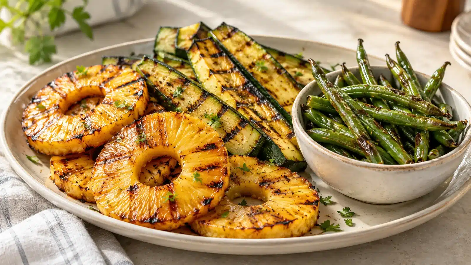 Grilled pineapple and zucchini with a bowl of green beans