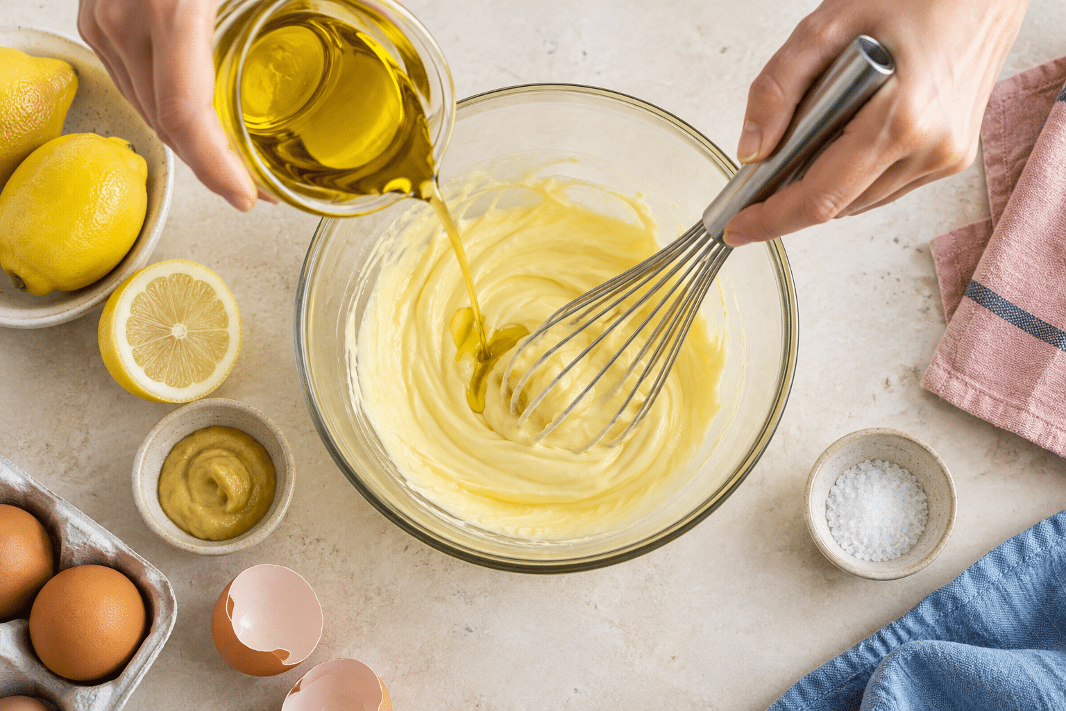 Homemade mayonnaise being whisked while oil is added slowly