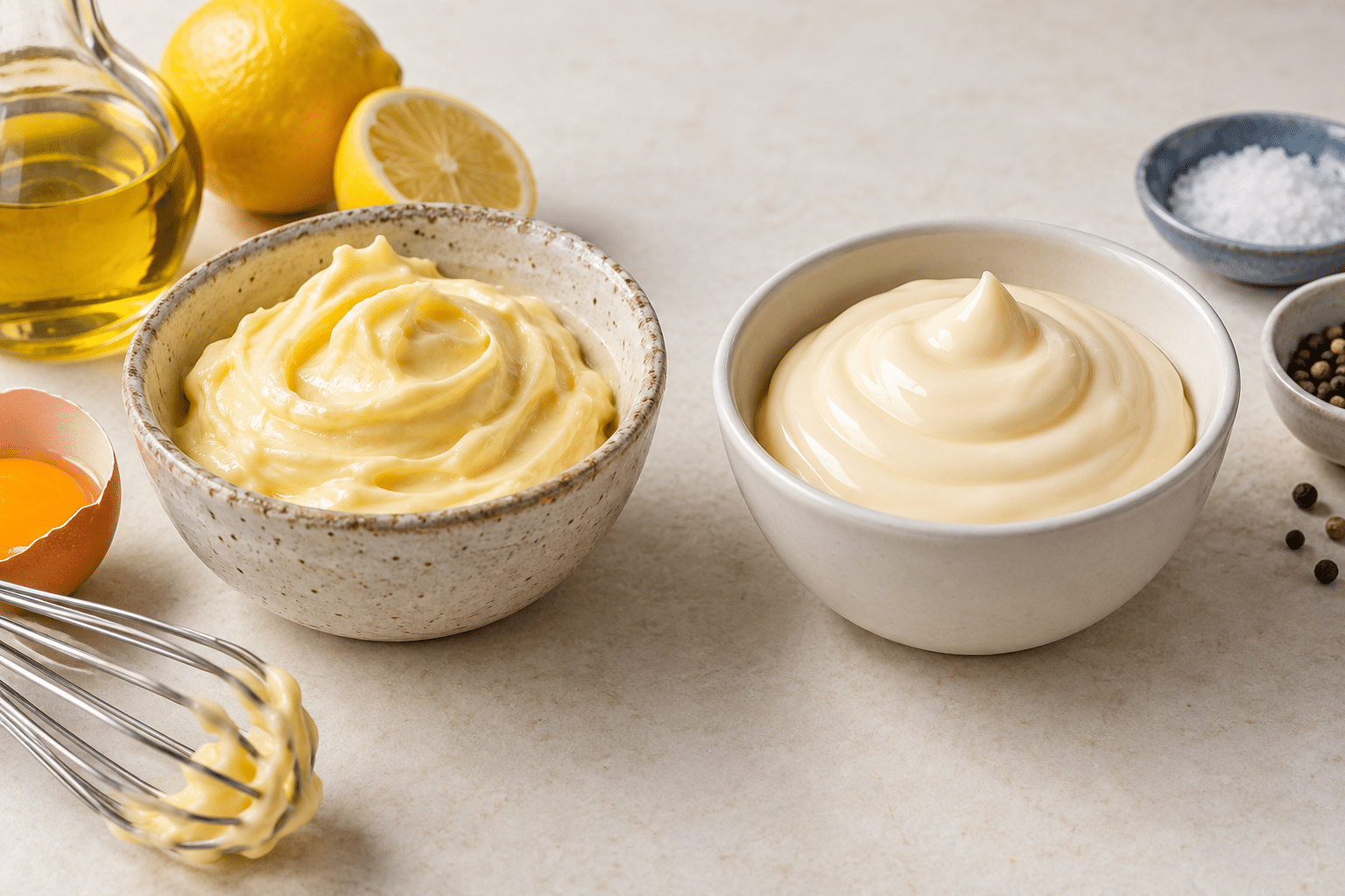 Bowls comparing homemade mayonnaise with smooth commercial-style mayonnaise