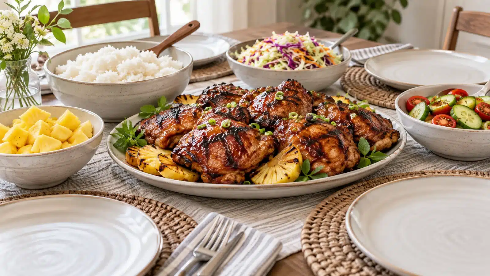 Family-style huli huli chicken dinner with rice, slaw, cucumber salad and pineapple