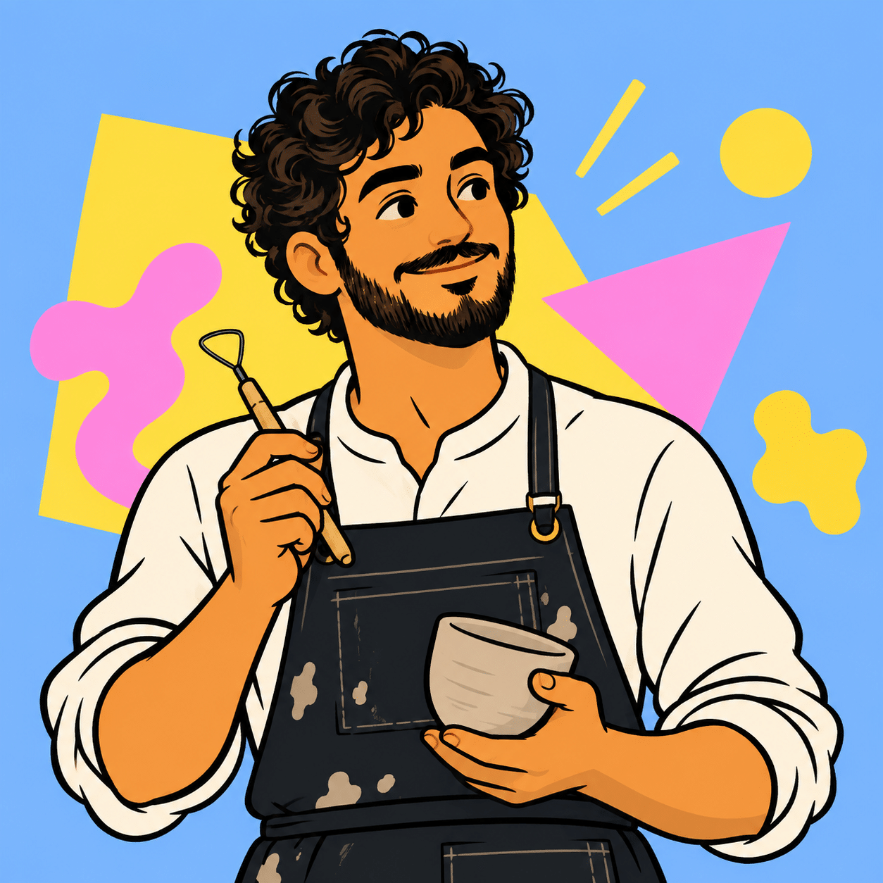 Illustrated portrait of Isaac, Epsilon Community Hub Crafts and Home co-founder holding a pottery tool