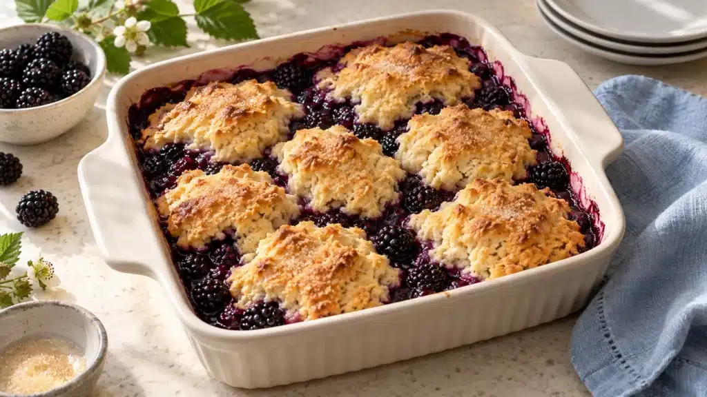 Kentucky blackberry cobbler with golden biscuit topping and purple berry filling