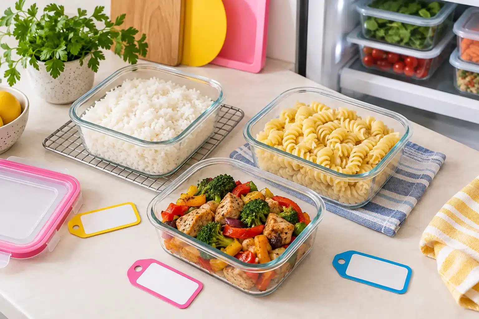 Cooked rice, pasta and a prepared meal cooling in shallow glass storage containers