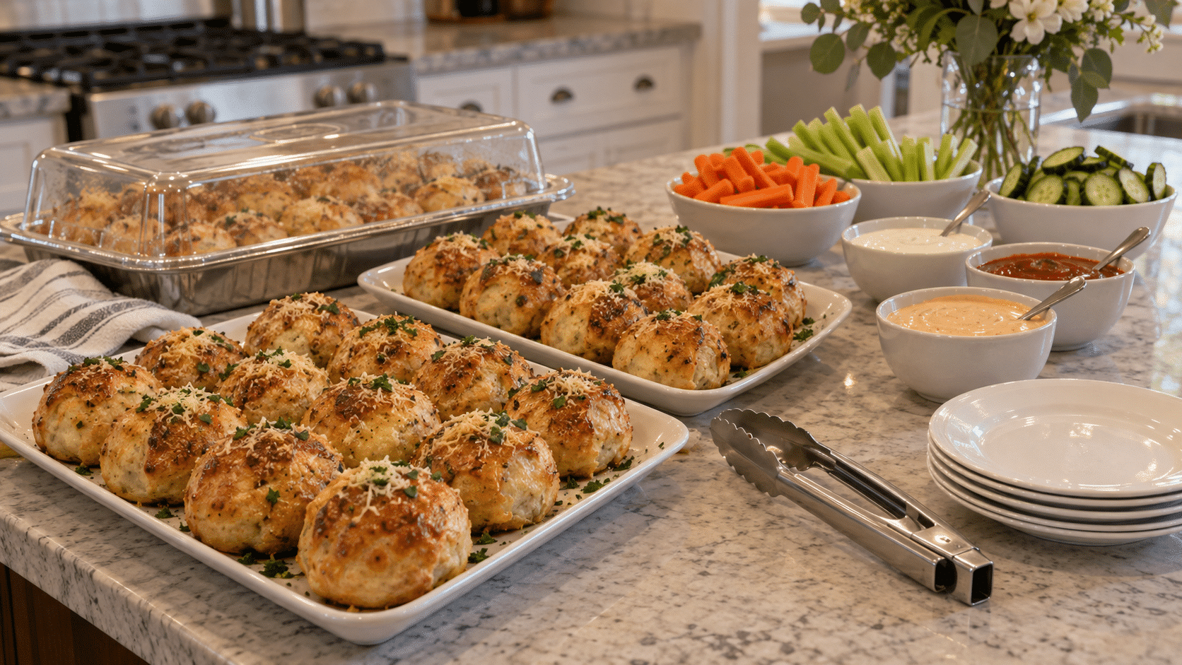 Make-ahead cheeseburger-bomb buffet with separate dips and vegetables