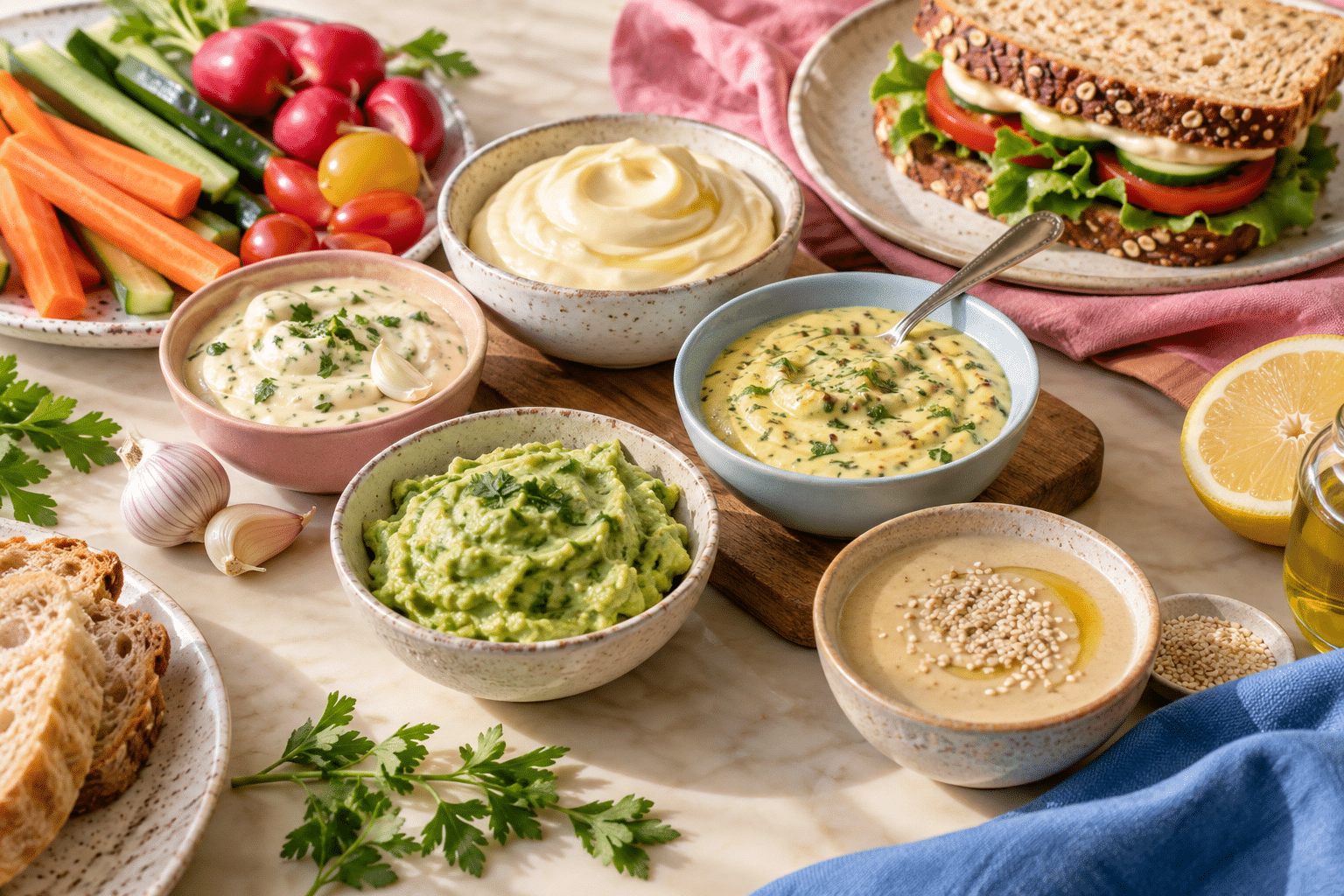 Homemade mayonnaise, aioli, avocado spread and tahini dressing with vegetables