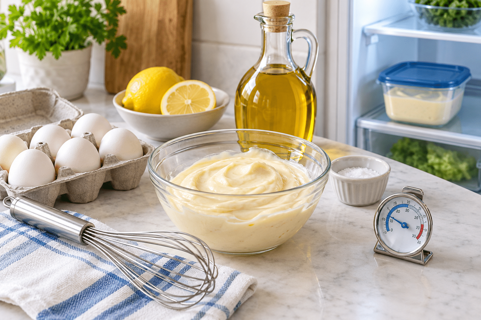 Eggs, lemon, oil and mayonnaise prepared beside a refrigerator