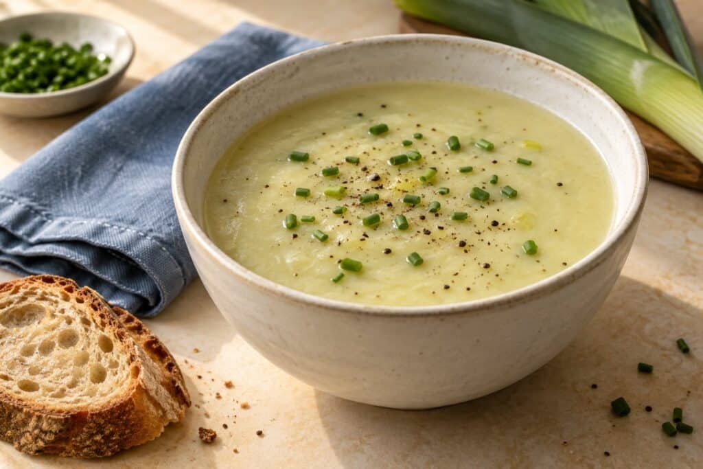 Potato and leek soup recipe served in a cream bowl with chives and black pepper