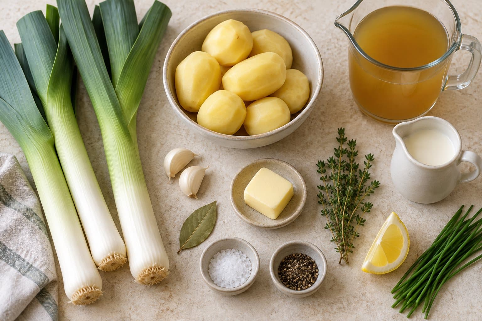Leeks, potatoes, broth, butter, garlic and herbs for potato leek soup