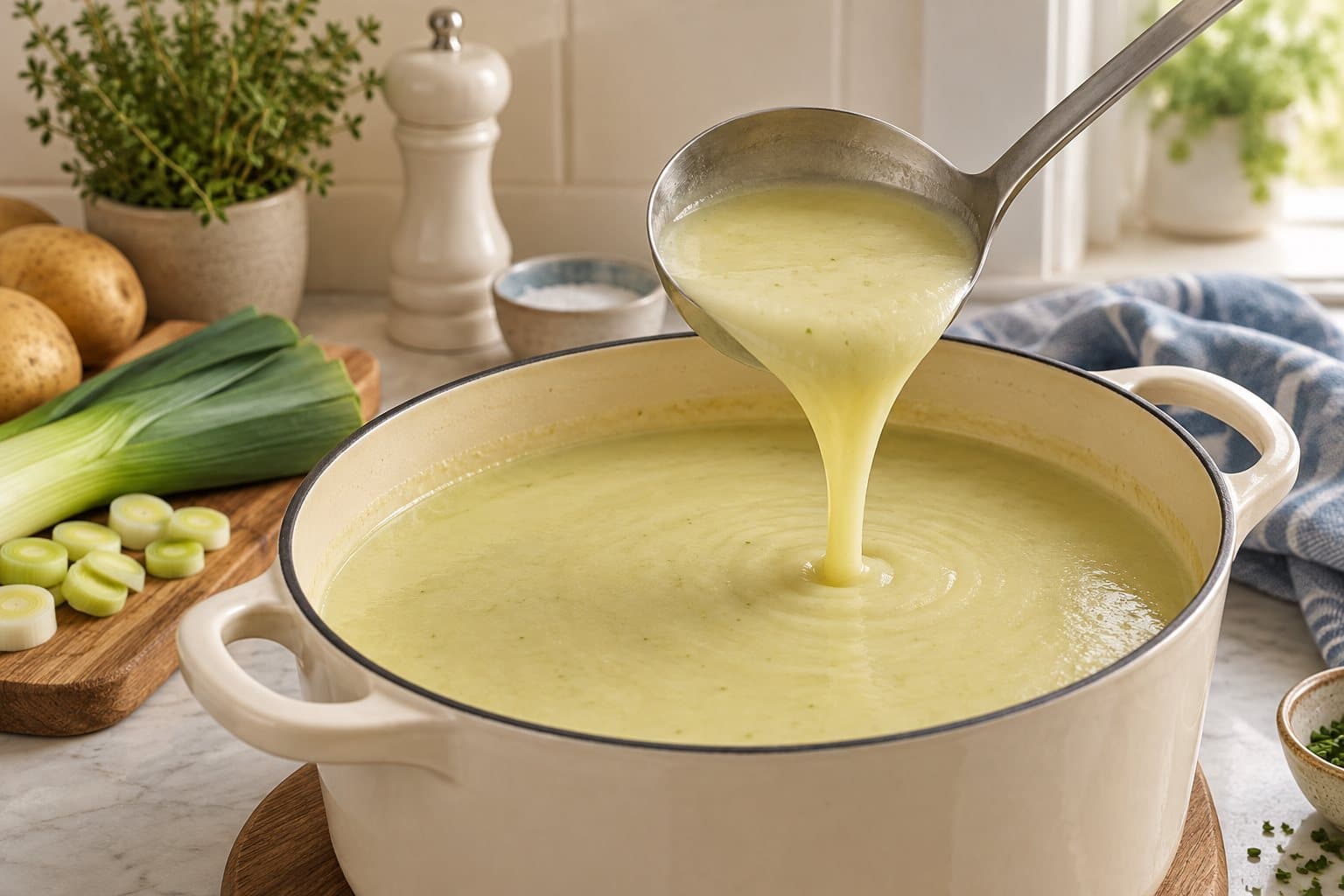 Smooth potato and leek soup flowing from a ladle